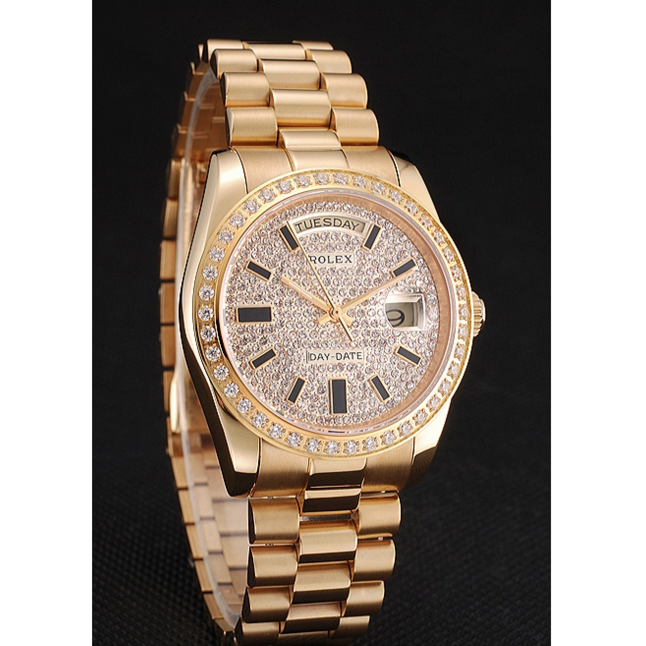 Aaa replica watch Dial Pave Bezel Date And Rolex Gold And Day Bracelet Swiss Case Diamond 0724